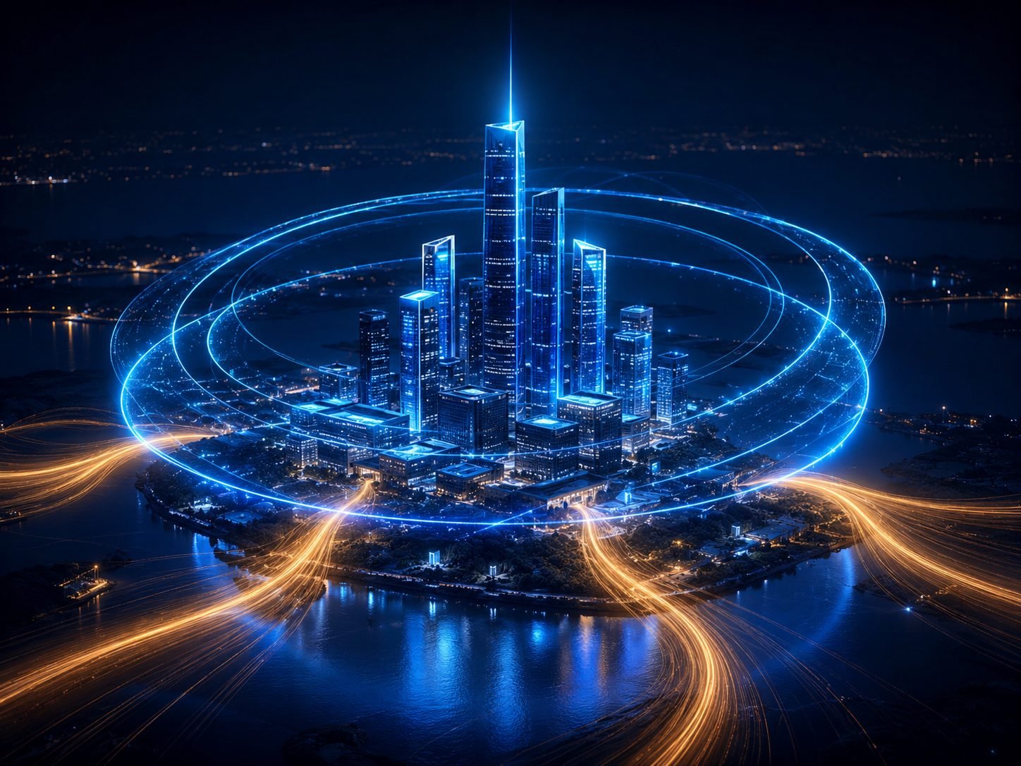 Financial towers ringed by orbits of light — a financial gateway at night